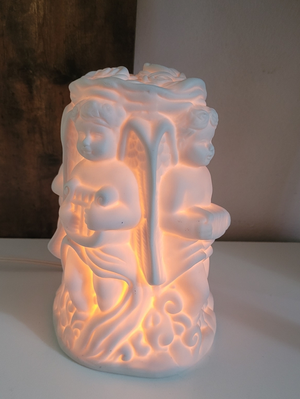 Vintage Porcelain Bisque Lithophane Cherubs Table Nightlight